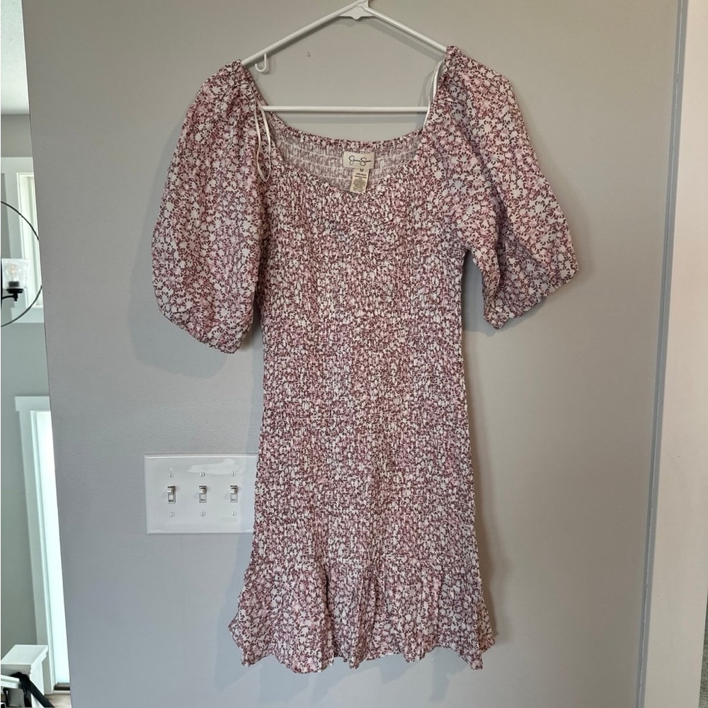 Jessica Simpson Pink Floral Smocked Puff-Sleeve Mini Dress